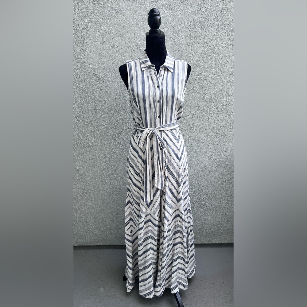 Anthropologie Maeve Coastal Stripe Maxi Shirt Dress Linen Blend
